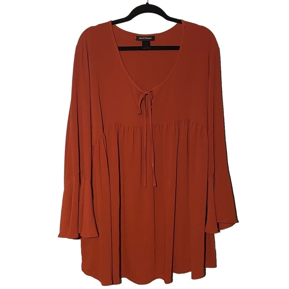 ASHLEY STEWART Tunic Length Angel Sleeved Tie Neck Boho Blouse Top sz 18/20